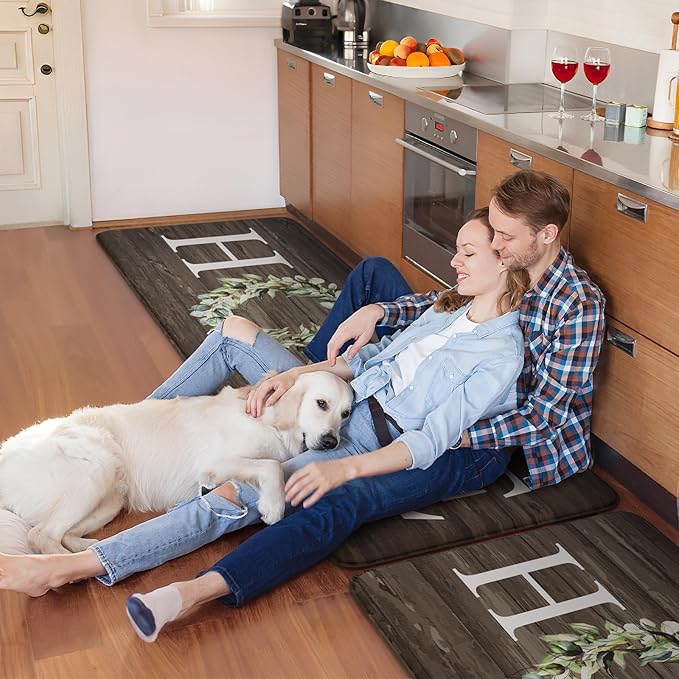 KIMODE Anti Fatigue Kitchen Mats for Floor 2 Piece, Farmhouse Kitchen Rugs Non Slip, Cushioned Kitchen Floor Mats, Memory Foam Kitchen Mat for Sink, Laundry, Office, Desk Brown 20"x47"+20"x32"