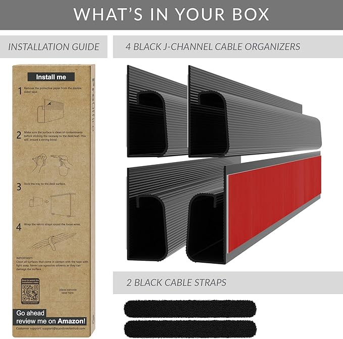 J Channel Cable Raceway Kit - Computer Desk Cable Management System - 4x16'' Black Under Table Cable Management Trays for Office and Home