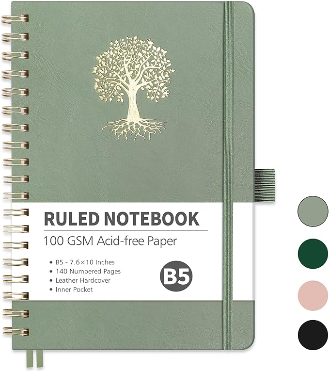 RETTACY Spiral Journal Notebook, 140 Numbered Pages, B5 Medium Size (7.6'' x 10''), for Men & Women, Journaling, Writing, Work & Office, Leather Hardcover, 100 GSM Thick Paper (Light Green)