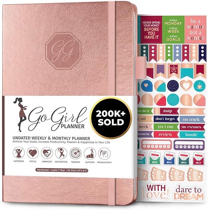 GoGirl Planner and Organizer for Women – A5 Size Weekly Planner, Goals Journal & Agenda to Improve Time Management, Productivity & Live Happier. Undated – Start Anytime, Lasts 1 Year – Rose Gold
