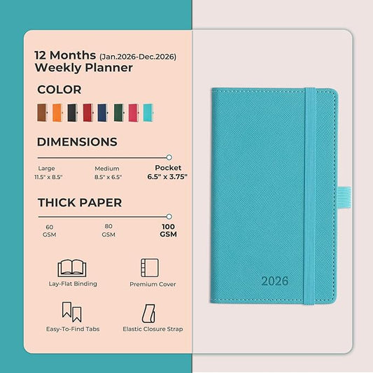 Weekly Monthly 2026 Planner (Jan.26-Dec.26),6.5"x3.75",12 Months Agenda Plan with Month Tabs & Pocket,Expenses/Note Pages, Appointment Book Calendar with Vegan Leather Cover,Light Blue