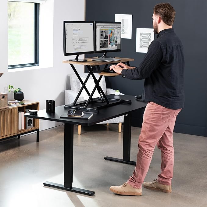 VIVO 36 inch Desk Converter, K Series, Height Adjustable Sit to Stand Riser, Dual Monitor and Laptop Workstation with Wide Keyboard Tray, Reclaimed Wood Top, Black Frame, DESK-V036KP