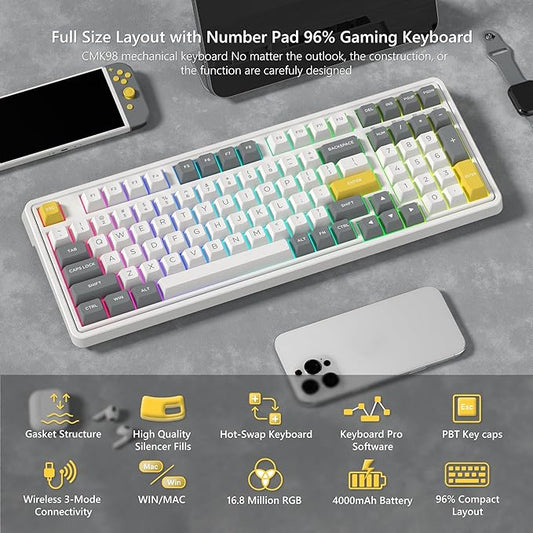 CMK98 Wireless Mechanical Keyboard with Number Pad,Tri-Mode Hot Swappable 99 Key Custom Gaming Keyboard, Linear Switches Gasket Creamy Keyboard RGB for Win/MAC (Grey)
