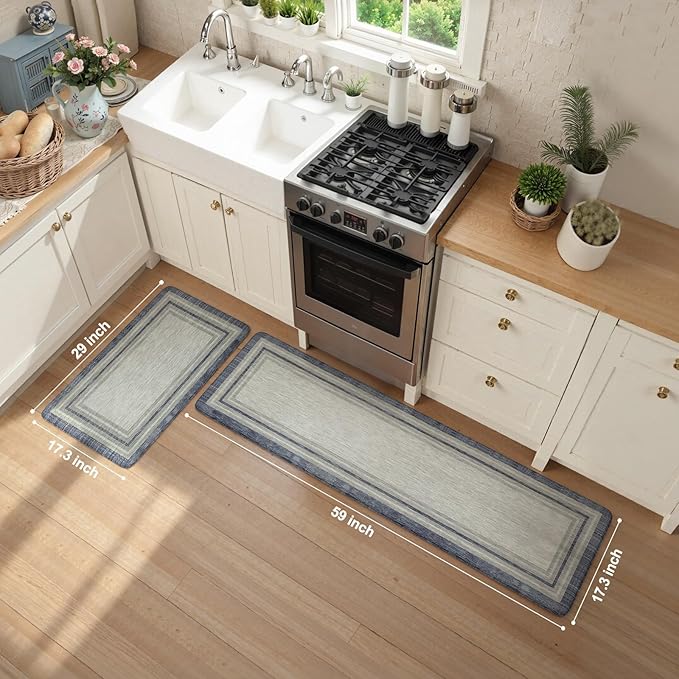 KIMODE Anti Fatigue Kitchen Mat 2PCS,Non-Skid Waterproof Kitchen Rugs,Farmhouse Kitchen Mat for Floor,Cushioned Comfort Foam Standing Mat for Floor,Office,Sink,Desk,Laundry,Blue and Gray