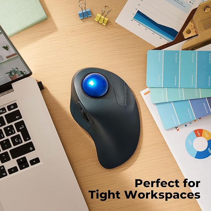 Wireless Trackball Mouse, Comfortable for Large Hands with 44mm Ball, Easy Index Finger Control, Rechargeable, Bluetooth & USB Connection, 5 DPI Adjustable, Compatible for PC, Laptop, Mac, Windows