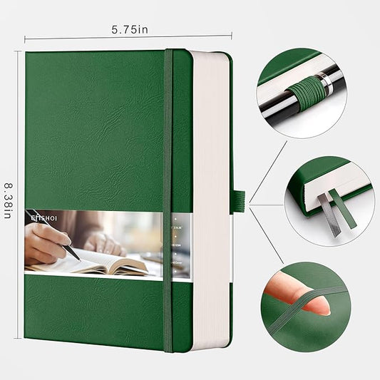 EMSHO A5 Hardcover Leather Dotted Journal - 320 Page Dot Grid Notebook for Women & Men, 100GSM Thick Paper, Ideal for Bullet Journaling, Work Notes, Sketching, Diary, School & Travel-Dark green