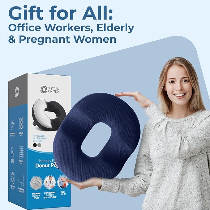 5 STARS UNITED Donut Pillow Hemorrhoid Tailbone Cushion โ Large Cushion for Pain Relief โ Coccyx, Prostate, Sciatica, Pelvic Floor, Pressure Sores, Pregnancy, Postpartum Recovery, Blue