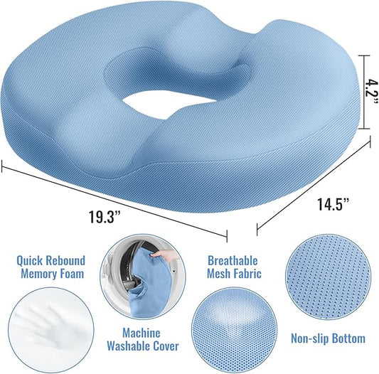 CloudBliss Donut Pillow Seat Cushion Chair Pad for Tailbone Pain Relief and Hemorrhoids, Memory Foam Seat Chair Cushion for Men and Women for Home & Office, (Light Blue-2XL)