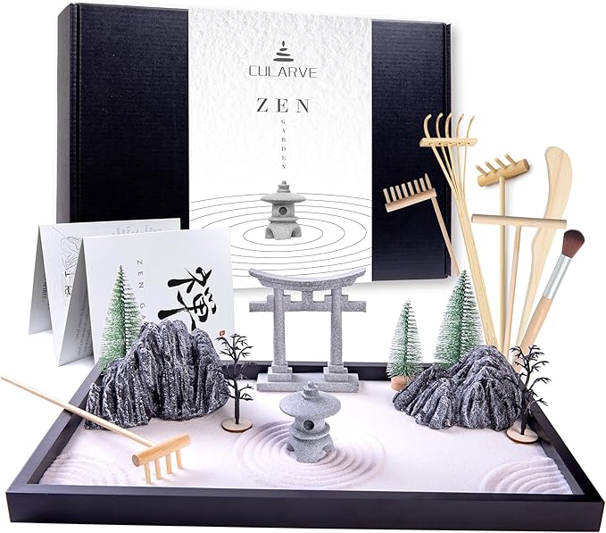 Zen Garden for Desk, Sand Tray Therapy Kit, Japanese Zen Garden Kit, Stress Relief Gifts, Meditation, Desk Decoration.