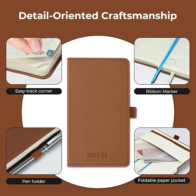 Weekly Monthly 2025-2026 Planner (July 25-Dec 26),6.5"x3.75",18 Months Agenda Plan with Month Tabs & Pocket,Expenses/Note Pages, Academic Calendar with Vegan Leather Cover,Brown
