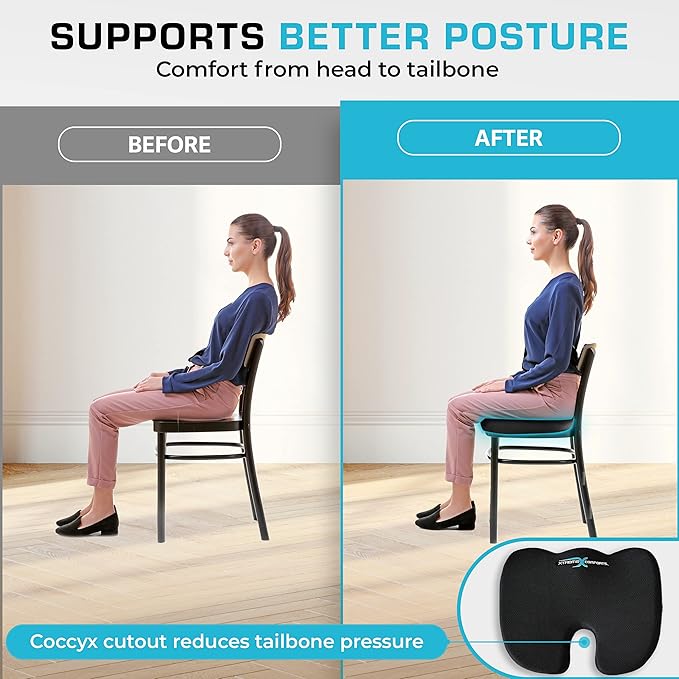 Xtreme Comforts Seat Cushions | Office Chair Cushions for Desk, Car, Wheelchair| Ergonomic Memory Foam Seat Cushion for Support & Comfort | Helps Improve Sitting Posture for Work & Body Relief