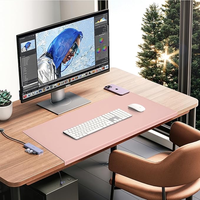 AKOZLIN 27.55”x 15.8" Soft PU Leather Surface Office Desk Mouse Mat Anti-Push Pad with Full Grip Fixation Lip Table Blotter Edge-Locked Protector Pink