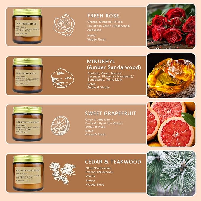 4 Pack Candles for Home Scented Candles Clearance, Aromatherapy Candle Gifts for Women, Natural Soy Wax Long Lasting Amber Jar Candles Set, Gifts for Birthday, Valentine's, Mother's, Anniversary