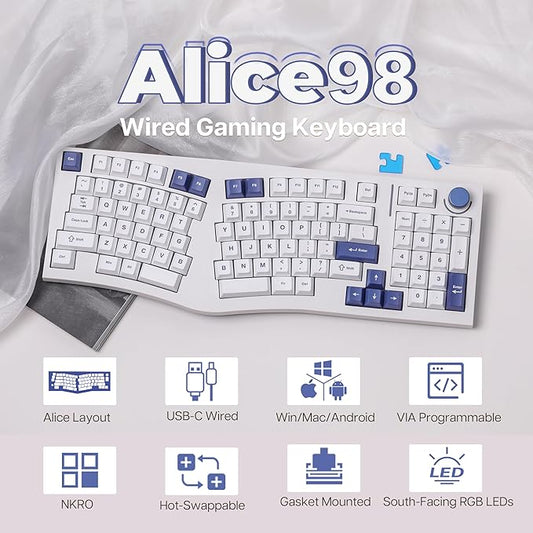 Feker Alice98 Ergonomic 98 Keys Custom Mechanical Keyboard, VIA Programmable, USB-C Wired Gaming Keyboard, Hot Swappable, 5 Layer Paddings, Control Knob, NKRO, RGB for Win/Mac (White)