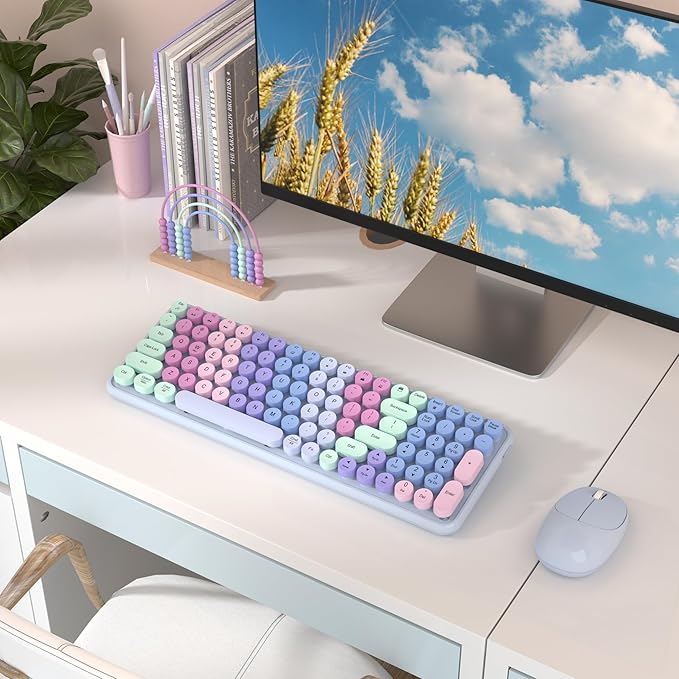 Colorful Wireless Keyboard Mouse Combo, Gradient Rainbow Colors 100 Keys and 2.4GHz Optical Mouse Connection for Windows, Mac, Laptop, PC, Desktop (Purple Colorful)