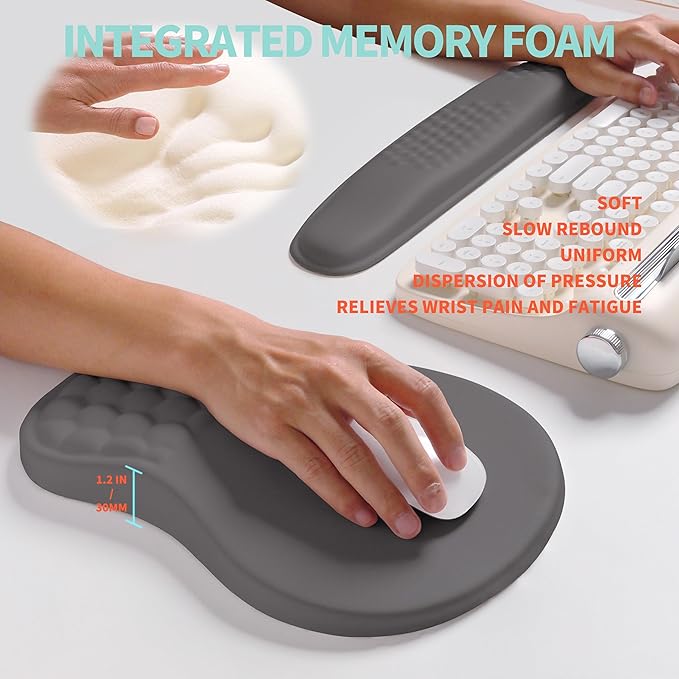 2-in-1 Ergonomic Set, Wave Rise Keyboard Wrist Rest and Massage Bulge Slope Mouse Pad Wrist Support, Cushion Memory Foam Integrated to Relieve Wrist Pain, Deep Gray
