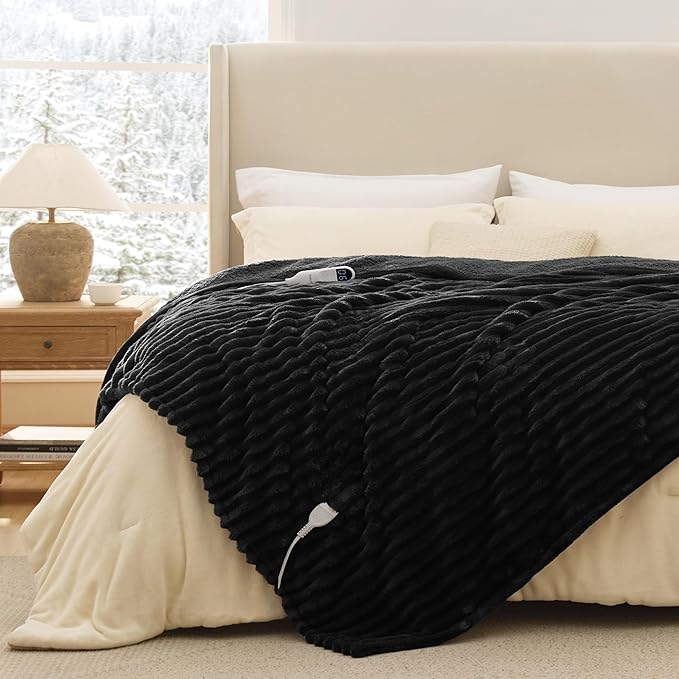 Bedsure Electric Blanket Twin - Thick Striped Flannel Electric Blanket, Heating with 10 Time Settings, 6 Heat Settings, and 8-Hour Timer Auto Shut Off, Gifts for Grandma (62x84 inches, Black)