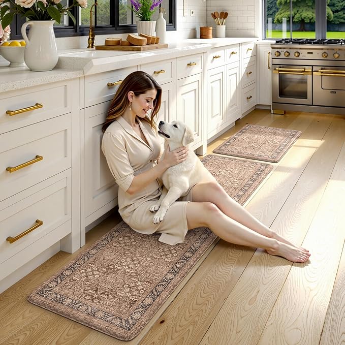 KIMODE Kitchen Mats Cushioned Anti Fatigue, Summer Boho Distressed Kitchen Rugs Sets of 2, Padded Kitchen Floor Mats, Non Slip Standing Mats for Sink Laundry Office Desk Brown 20"x71"+20"x32"