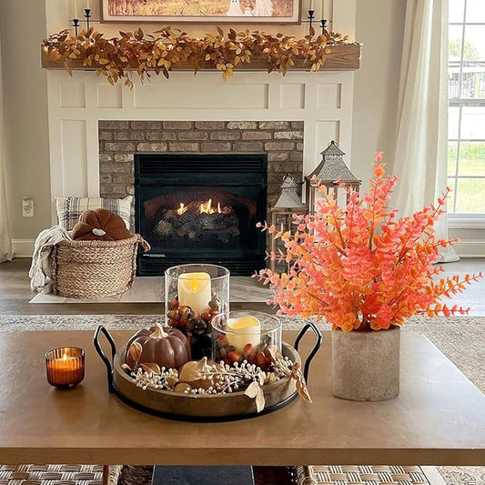 2 Pack Fall Small Fake Plants 14" Eucalyptus Potted Artificial Plants Fall Decorations for Home Shelf Office Bathroom Desk Farmhouse Room Coffee Table Decor Fall Decor (Fall Orange-Large)