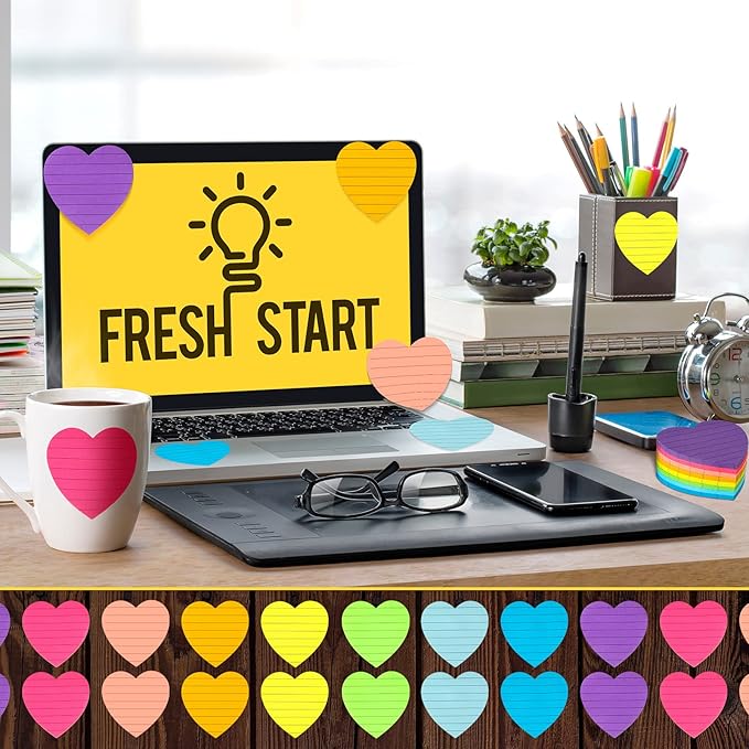 Teling 24 Pcs Heart Shape Lined Sticky Notes Cute Sticky Notes Bright Colorful Sticking Power Memo Pads Red Heart Self Notepads for Office School 3x3 Inch(Bright Colors)