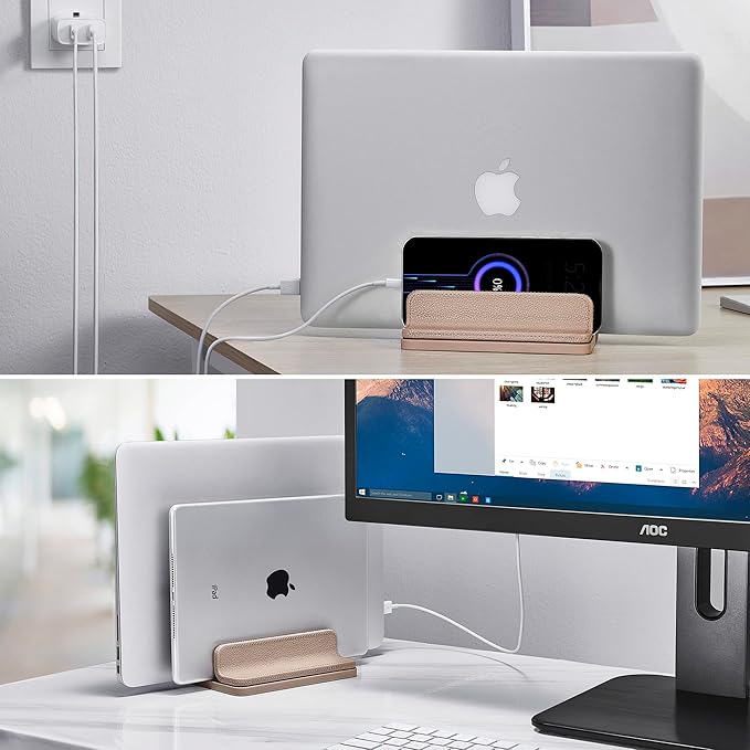 Leather Vertical Laptop Stand,Dual Laptop Holder Stand,Laptop Organizer with Adjustable Dock (18-26mm/0.7-1 in) for All MacBook/Tablet/Surface/Dell/iPad (Apricot)