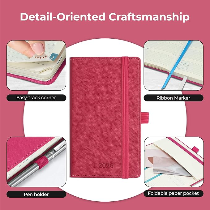 Weekly Monthly 2026 Planner (Jan.26-Dec.26),6.5"x3.75",12 Months Agenda Plan with Month Tabs & Pocket,Expenses/Note Pages, Appointment Book Calendar with Vegan Leather Cover,Rose Red