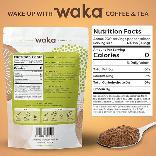 Waka Instant Green Tea Mix, Original - 100% Tea Leaves, No Additives, Unsweetened Tea Powder for 50 Quarts or 200 Cups – Easy and Quick Hot or Iced Teas (4.5oz)