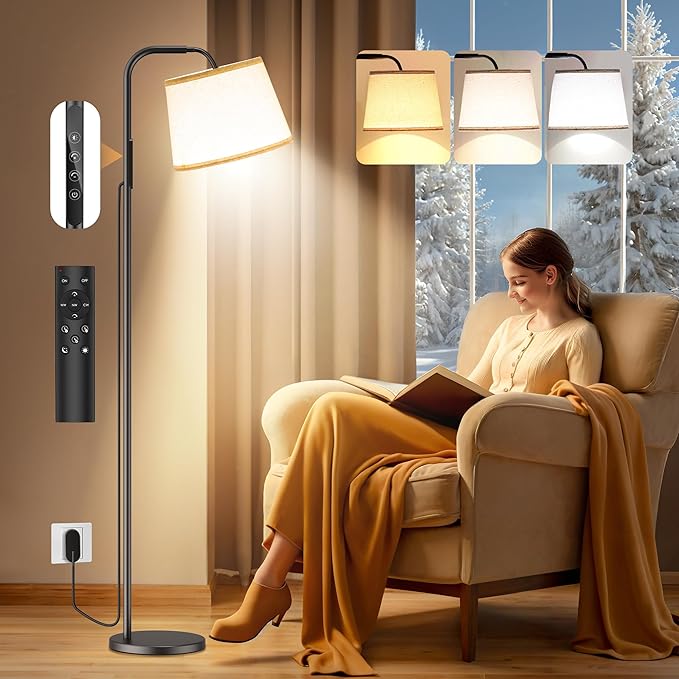 Light Therapy Lamp, 10000 Lux Daylight Lamp with Remote & Touch Control, Adjustable Color/Brightness/Timer, Therapy Light Floor Lamp with Linen Shade for Bedroom, Office, Living Room