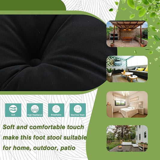 15" Foldable Foot Stool Ottoman with Metal Frame - Washable Black Upholstered Indoor/Outdoor Footrest for Living Room, Bedroom, Patio - Space-Saving Compact Design