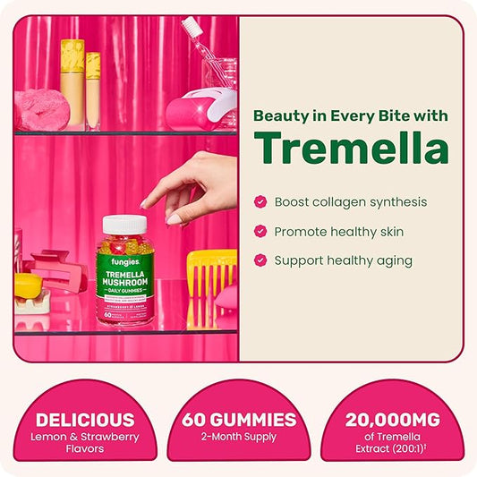 Fungies Tremella Mushroom Gummies, Mixed Strawberry & Lemon Flavor - Mushroom Herbal Supplement Gummy for Adults Supports Collagen Synthesis, Healthy Skin & Healthy Aging - Beauty Gummies 60 Servings