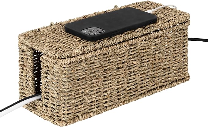 StorageWorks Cable Management Box, 2 Slots Wicker Cable Organizer to Hide Cords and Power Strip, Seagrass Cord Hider Box for Home & Office