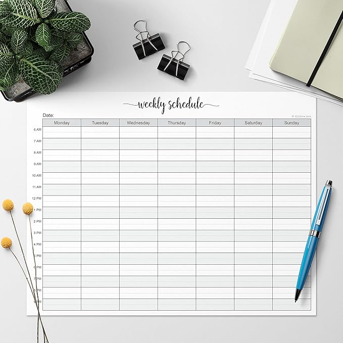 321Done Weekly Schedule Planning Notepad - 50 Sheets (8.5x11) – Hourly Appointment Productivity Weekly Planner Tear-Off Note Pad - Cute Simple Script Large Letter Size - Made in the USA