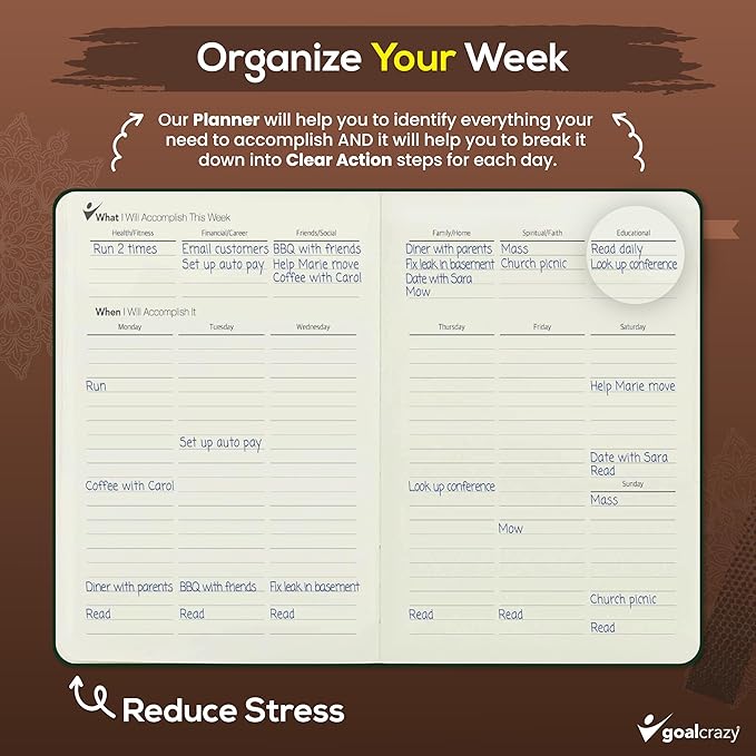 Undated Planner - 90 Day Guided Journal, 2025 2026 Weekly Organization, Productivity Habit Tracker, Inspirational, Life Setting, Brown Leather, Almond Pages