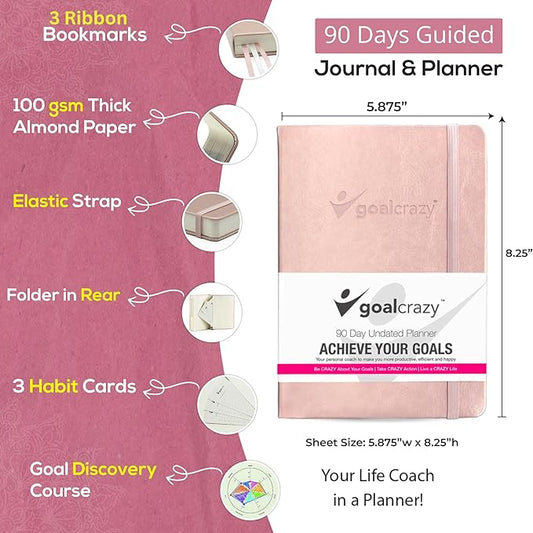 Undated Planner - 90 Day Guided Journal, 2025 2026 Weekly Organization, Productivity Habit Tracker, Inspirational, Life Setting, Rose Gold, Pink Leather, Almond Pages