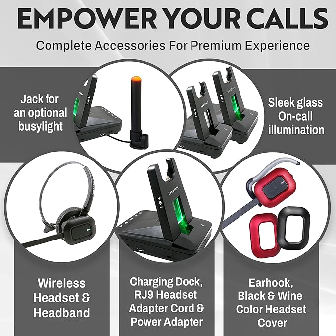 INNOTALK - Desk Phone Wireless Headset with RJ9 Adapter, 12-Hour Talk Time Handsfree Phone Headset, Office Phone Headset for Desk Phone, 300 Ft. Long Range Wireless Headset, W780