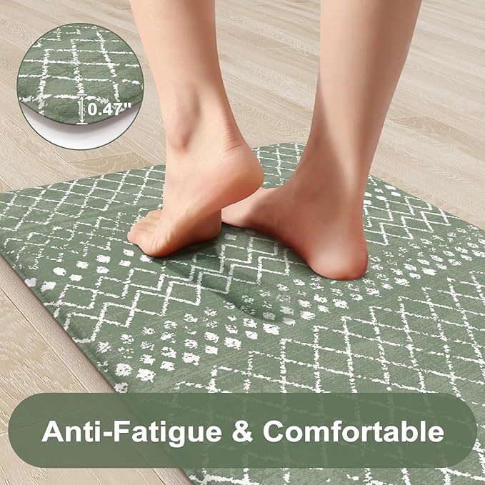 KIMODE Kitchen Anti Fatigue Mats, Green Farmhouse Kitchen Rugs Sets of 2, Memory Foam Kitchen Mats for Floor, Waterproof Standing Mat for Sink Laundry Office Desk 20"x47"+20"x32"