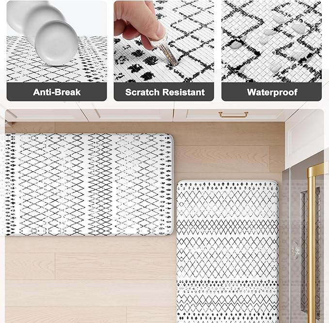 KIMODE Kitchen Mats 2PCS,Cushioned Anti Fatigue Kitchen Rugs and Mats,Non Skid Waterproof Kitchen Mats for Floor,Comfort Foam Standing Mat for Home, Office,Sink,Laundry,Desk,Black and White