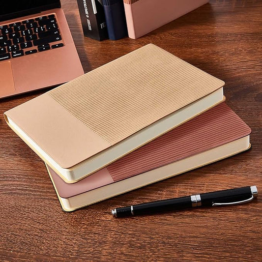 Lined Journal Notebook for Work College Ruled Note Book 5.79"x8.27" A5 PU Leather Daily Journaling 216 Pages for Women Men Writing Home School Supplies Business (A5 Lined 216pages, 2 Pack-Khaki/Darkpink)