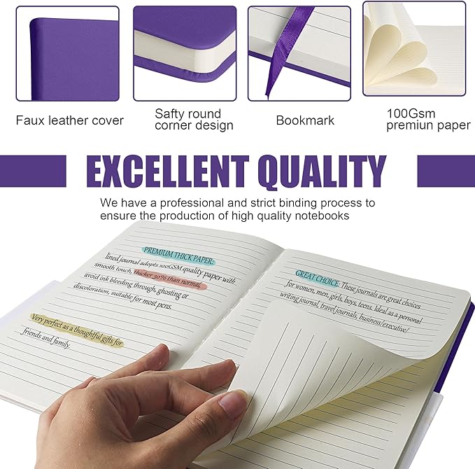 Lined Journal Notebook, 6Pack(Purple), 160 Pages, Medium 5.7 inches x 8 inches - 100 gsm Thick Paper, Hardcover