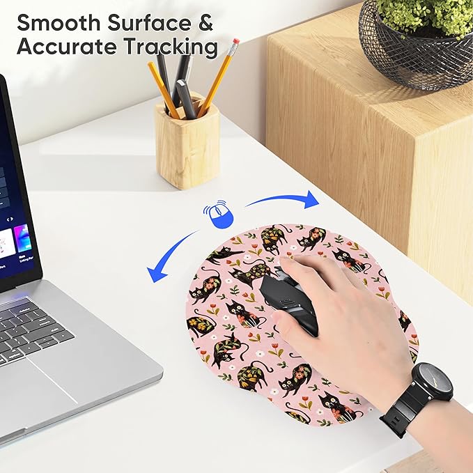 RICHEN Ergonomic Mouse Pad with Wrist Support,Non-Slip Rubber Base for Computer Laptop & Mac,Lightweight Rest for Home,Office & Travel (Flowers Cats)