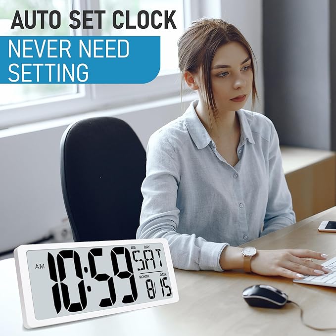 TXL Atomic Clock with Backlight, 14.2" Digital Wall Clock, Battery Operated, Large Display with Day, Date & Temperature, Bedroom, Living Room, Office