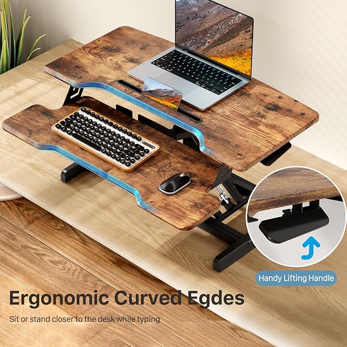 Standing Desk Converter 32 inch, Height Adjustable Sit Stand Desk Riser, Quick Sit to Stand Desktop Dual Monitor Riser Workstation for Home Office with Keyboard Tray, Rustic Brown