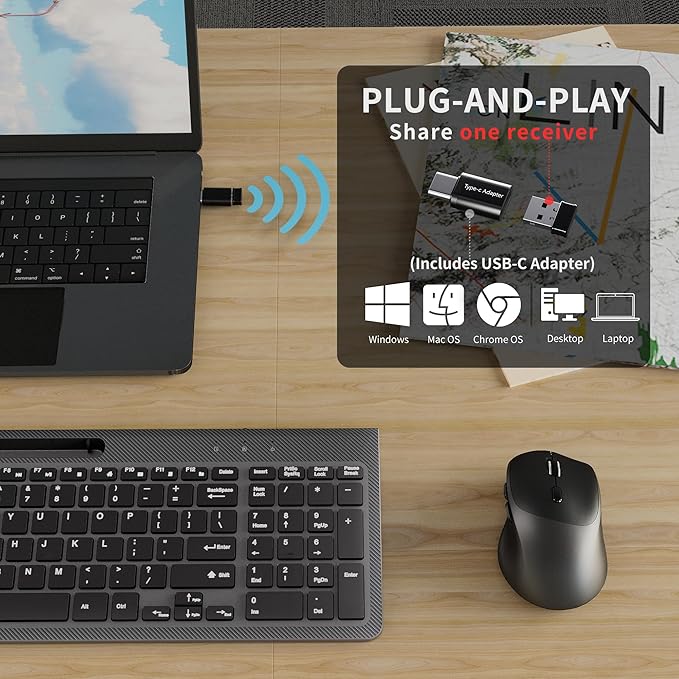 Wireless Keyboard and Mouse, Ergonomic Keyboard Mouse with Phone Holder, 2.4GHz Cordless Keyboard Mouse for Mac, Windows, PC, Laptop (Black)