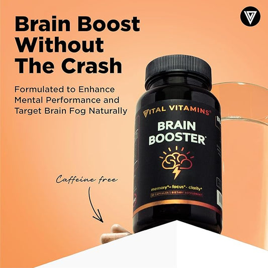 Vital Vitamins Brain Supplements for Memory and Focus (2-Pack)– Nootropic Brain Booster with Ginkgo Biloba, Rhodiola, B12 – Caffeine-Free Support for Adults & Seniors – 60-Day Supply