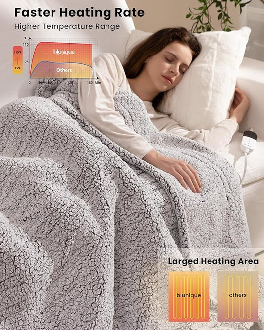 Electric Blanket Throw 50x60 Inches, Double-Sided Sherpa, Soft & Cozy Thick Heated Blanket with 6 Heat Settings, 1-4 Hour Auto Off, Machine Washable, Ideal for Couch, Sofa, Bed, Office, Light Grey