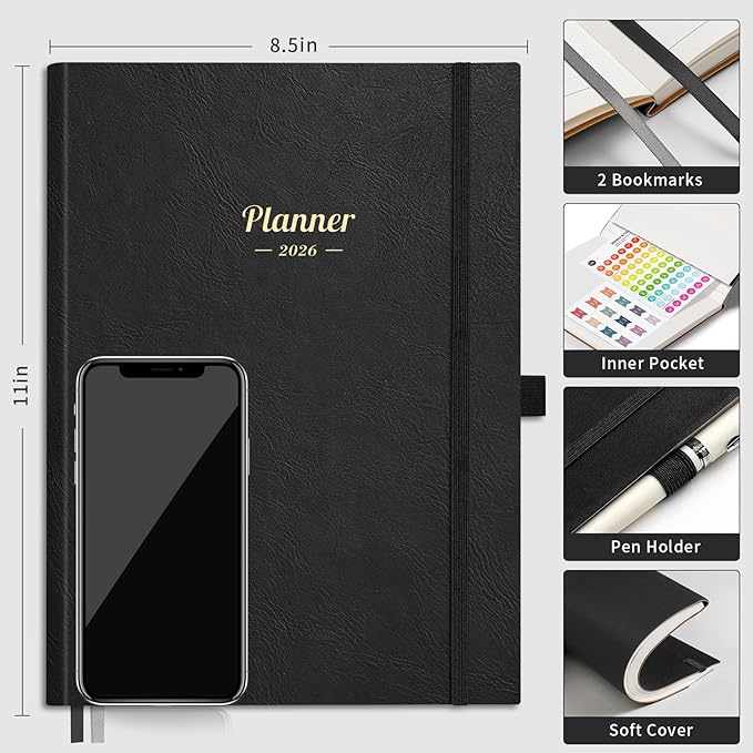 AHGXG 2026 Planner, Weekly and Monthly Planner 2026-2027, Large A4 8.5"x11", Calendar 15-Months Jan 2026 - Mar 2027, Vegan Leather SoftCover, Inner Pocket, Black