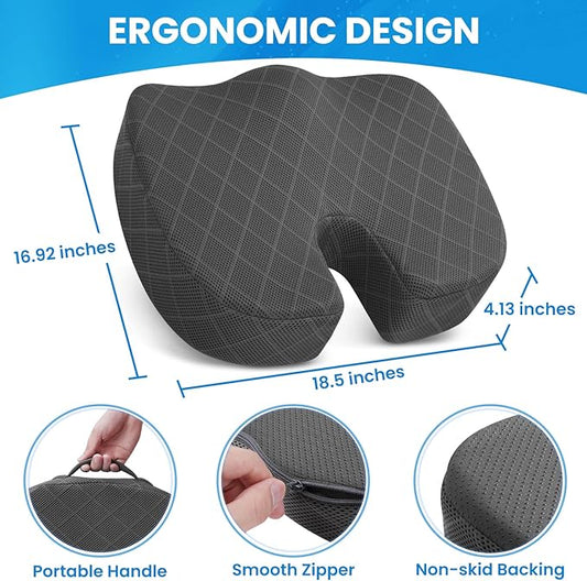 TushGuard Seat Cushion - for Office Chair, Car Seat, Airplane, Bleacher - Sciatica & Coccyx Pain Relief Desk Chair Cushion for Long Sitting Office Workers, Car Drivers(Grey, XX-Large)