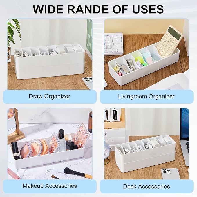 Tatuo 4 Pcs Cable Organizer with 40 Wire Ties, Plastic Cord Storage Charger Box Electronics Organizer with Adjustment Compartments Cable Storage for Drawer Home Office Desk Accessories (White)