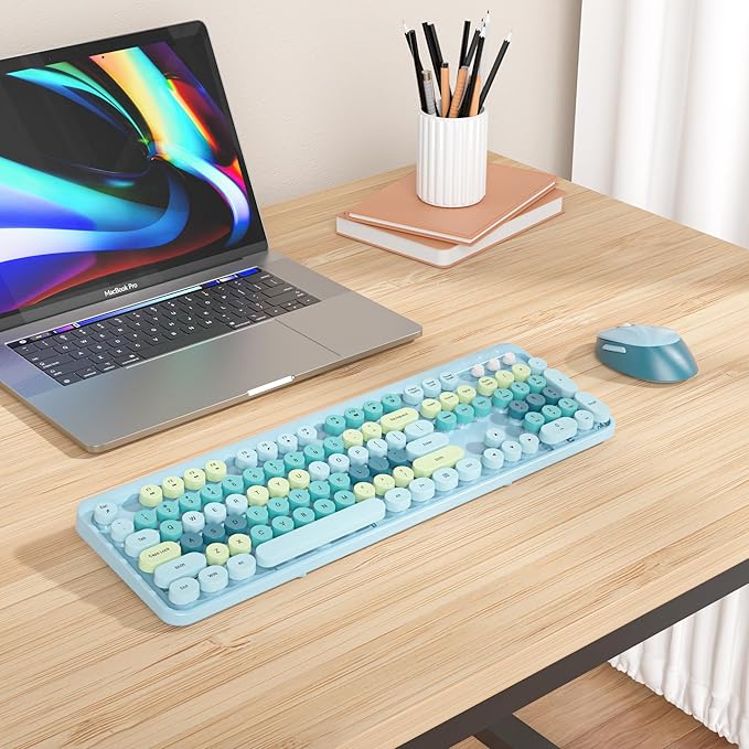 GTSP Typewriter Colorful Wireless Keyboard and Mouse Combo, 2.4GHz Full-Size Retro Cute Office Computer Keyboard with Round Keycaps for Desktop Laptop and PC (Light Blue)