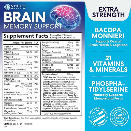 Brain Memory Supplement Pills - Nootropics Support for Concentration, Clarity, Alertness & Focus - Brain Health with Bacopa, Cognitive Vitamins, Phosphatidylserine, DMAE - Brain Booster - 60 Capsules